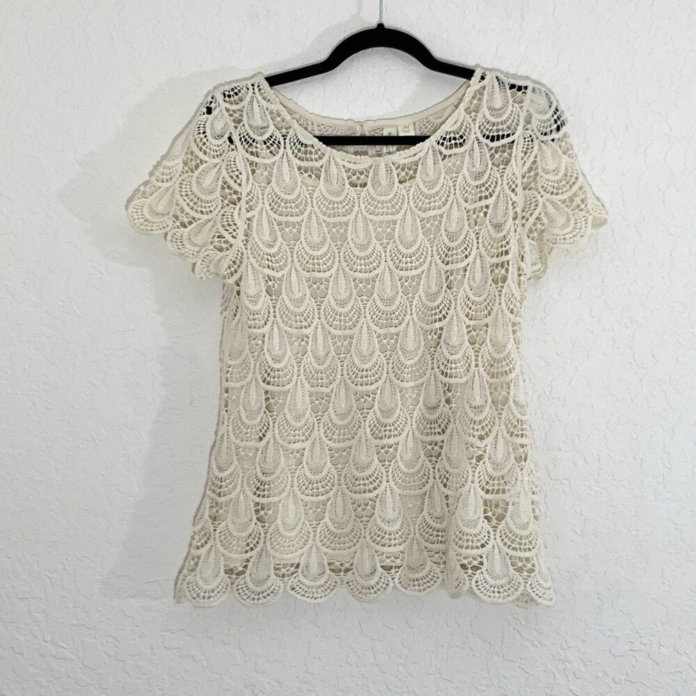 Womens Crochet Lace Top M Cream Ivory Open Knit Grandma Cottage Boho 20s Flapper